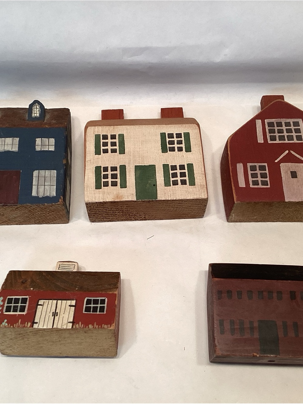 Primitive Folk Art Wood Block Village Houses School Barn Set 5 Of Handmade - Picture 5 of 5